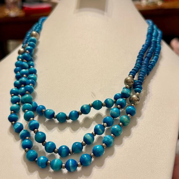 Handcrafted Jewelry - Tribal Triple Blue Beaded Strand Necklace